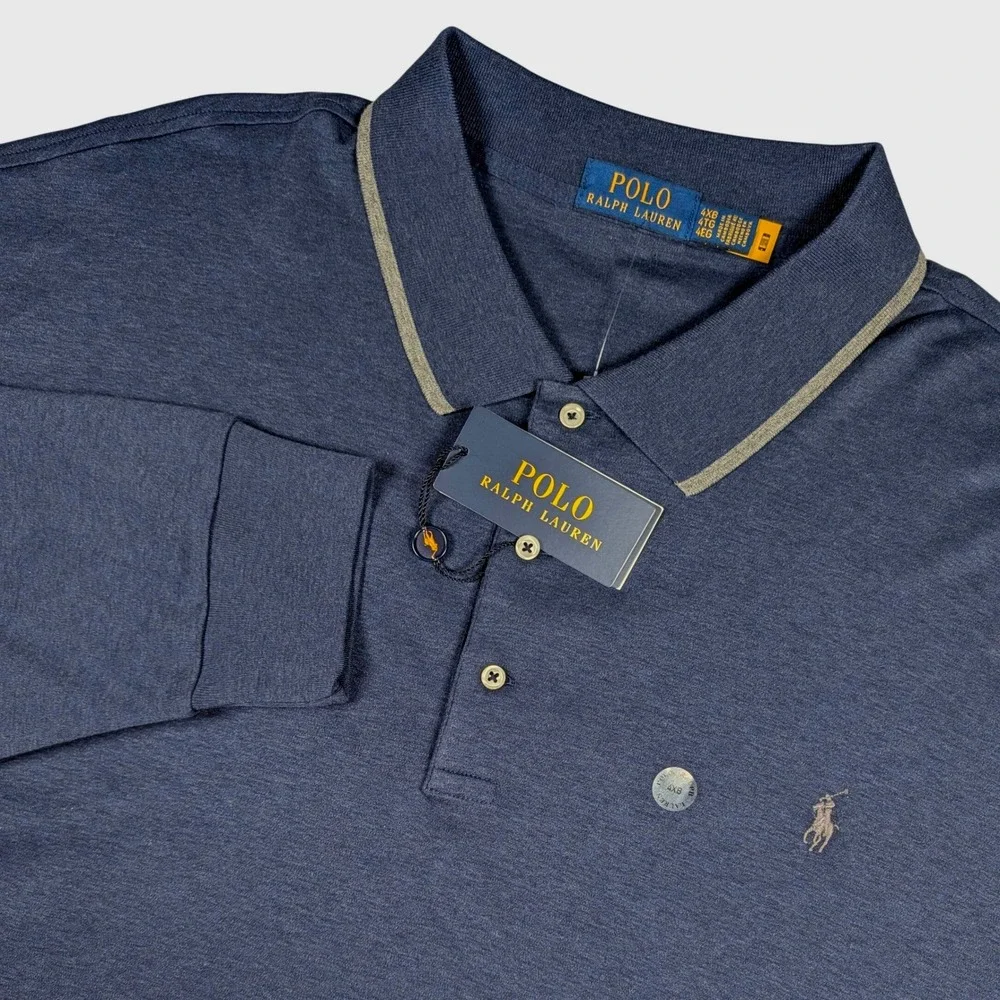 Polo Ralph Lauren Polo Shirt Mens 4XB Navy Long‎ Sleeve Tipped Collar Pony NEW